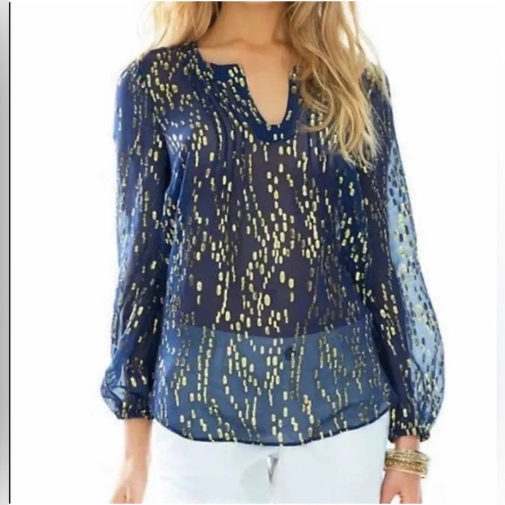 Lilly Pulitzer True Navy Gold Bubble Clip Dot Jacquard Blouse Top XS NWT SILK - Picture 2 of 11